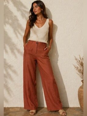 Pendleton 100% Linen Wide Leg Pants Size 8 | Rust Orange Summer Luxe Chic